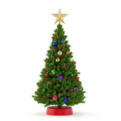 Fototapeta premium Beautiful green Christmas tree decorated with colorful ornaments and a bright golden star on top for holiday season