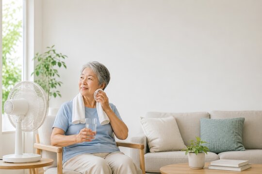 Older adult staying cool indoors with fan water and cooling towel