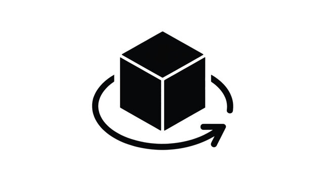 A minimalist black and white icon design depicts a cube rotating in a circular motion.