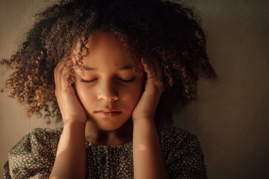 Candid image of a young girl with curly hair contending with head pain, quiet room, gentle emotion