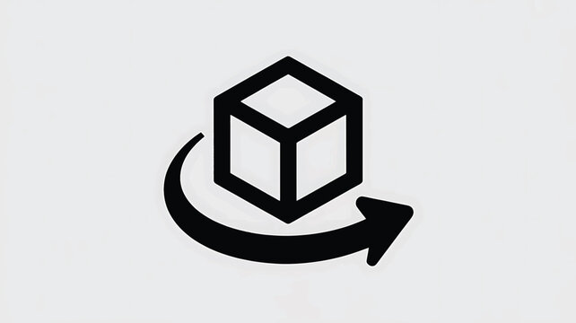 A minimalist black and white icon design of a cube rotating with an arrow.