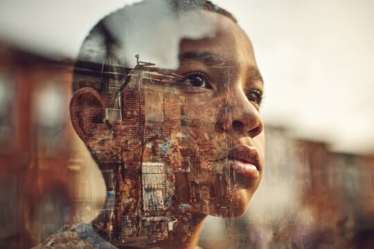 Candid urban portrait: youth in a layered double exposure scene