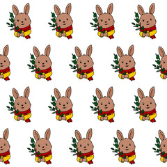 Obraz premium PATTERN - 2seamless pattern mammals animal rabbit wear scarf holding green leaves