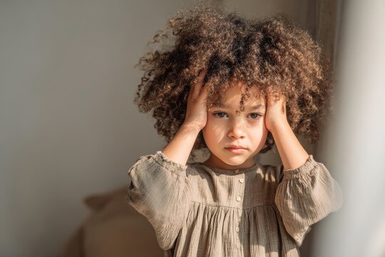 Casually dressed child shows migraine symptoms, worried look with temples held, cozy indoor setting