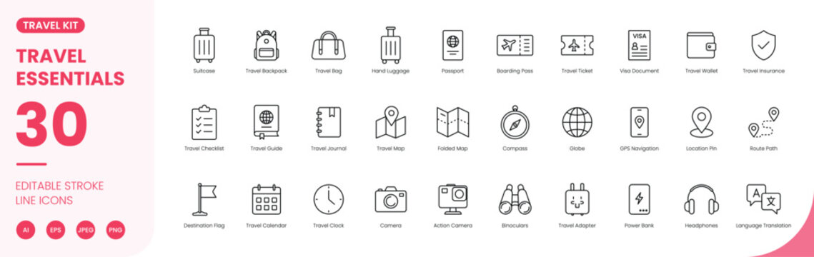 travel essentials icon line style tourism journey editable stroke vector set