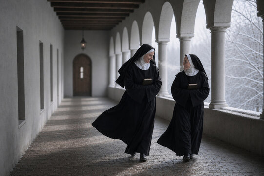 Two nuns walking in a winter monastery cloister