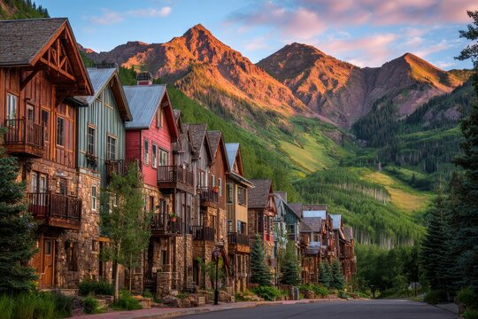 Charming hillside homes in a summer Colorado village bathed in warm sunset light