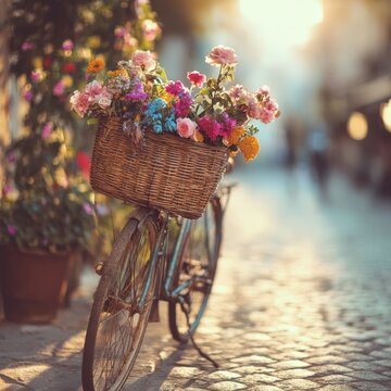 Charming urban scene: bicycle and flower basket in soft sunlight