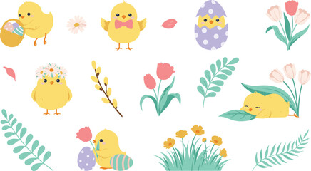 Fototapeta premium Cute Easter Chick Character Set with Colorful Painted Eggs, Spring Flowers, Tulips, Willow Branch, and Botanical Elements for Festive Graphic Designs