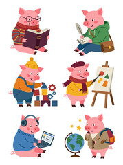 Naklejka premium Cute Pig Creative Learning Character Activity Set