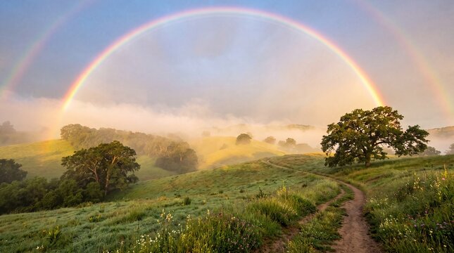 A double rainbow arcs over a serene landscape with a winding dirt path