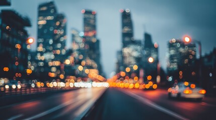 Obraz premium Cityscape at dusk with bokeh lights and traffic