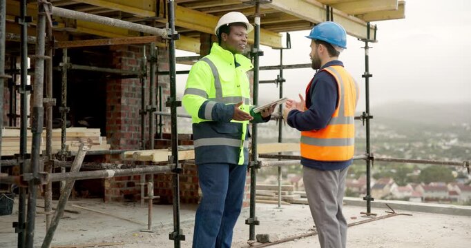 Team, handshake and men with tablet on construction site, talking and planning for renovation on web. Architect, agreement and happy people with tech, shaking hands and property development in city
