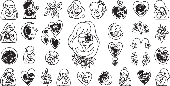 Mother and Child Animal Silhouettes Line Art Illustration Icon Set