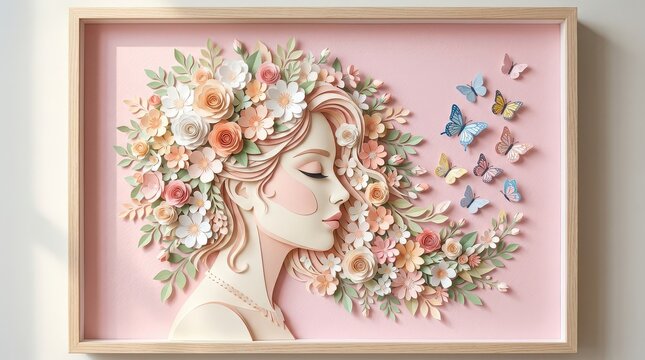 Framed 3d paper art of a womans face with flowers in her hair and butterflies on a pink background