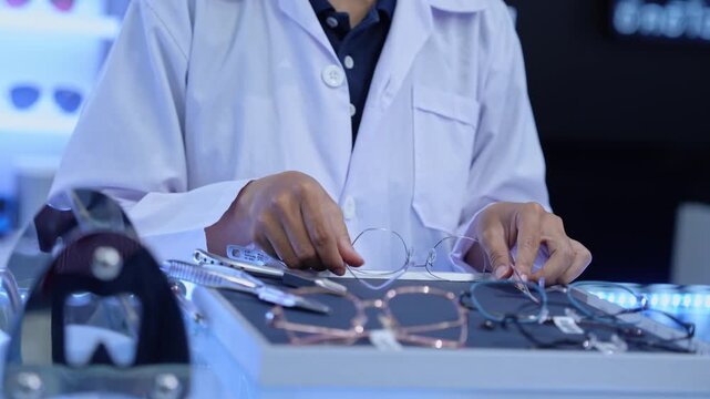 Optometrist assessing various eyewear choices in a well lit optical shop environment