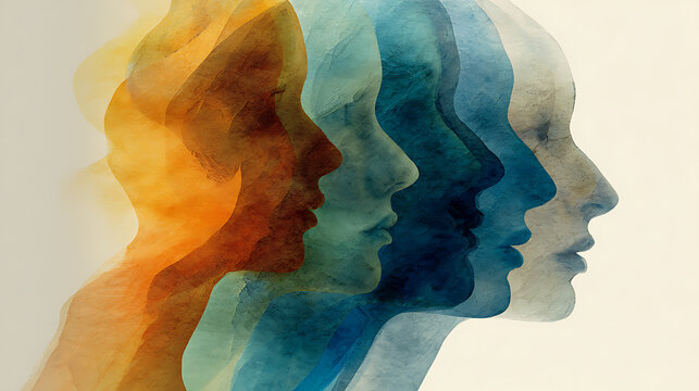 Abstract layered human profiles in watercolor tones representing mental health, emotional complexity, identity, perception, psychology, self awareness and inner transformation