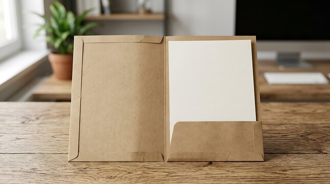 Brown kraft paper folder with white sheet on a wooden desk mockup