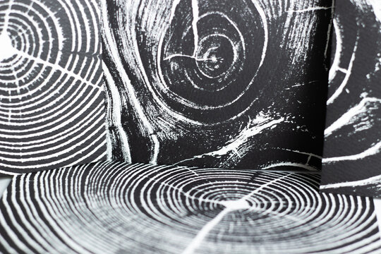 Macro shot of black and white woodcut prints creating an abstract background. Textured tree rings pattern, linocut art, and organic concentric lines in close-up.