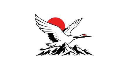 Fototapeta premium Flying crane bird over mountains with red sun