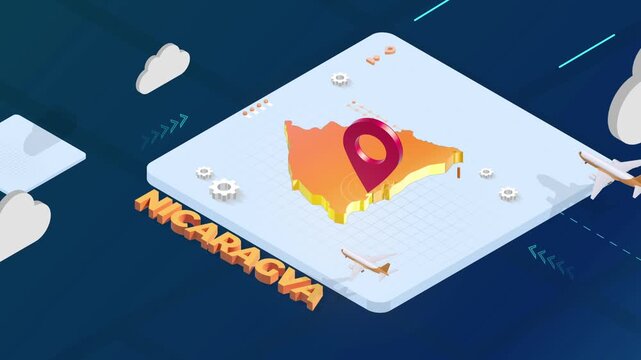 Isometric 3D Render of Nicaragva Map with Red Location Pin Pointer and Floating Airplanes