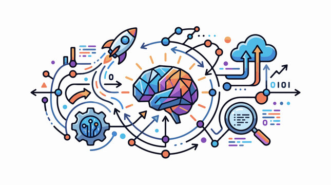 Abstract graphic showing a brain rocket gear cloud and magnifying glass