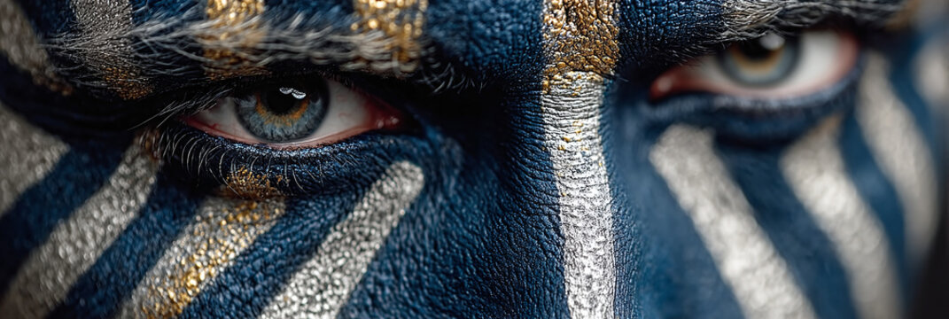 Close-up portrait of a person's eyes covered in blue and white painted stripes