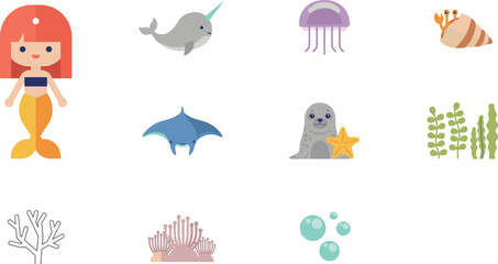 Cute Mermaid and Sea Life Vector Character Set with Narwhal, Stingray, Seal, Jellyfish, Hermit Crab, and Marine Botanical Elements for Kids Designs © Ismail