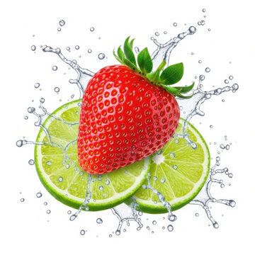 Fresh red strawberry and juicy green lime slices with water splashes for a healthy fruit drink or summer cocktail concept