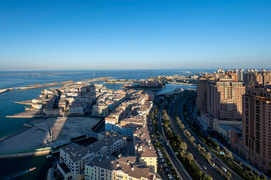 Beautiful Aerial View of Pearl Qatar. Roundabout Pearl Qatar at sunset time.	