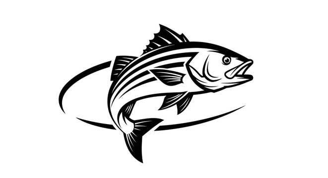 Jumping striped bass fish with decorative wave splash background.