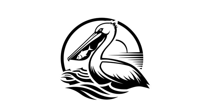 Pelican with fish logo inside a circular frame.