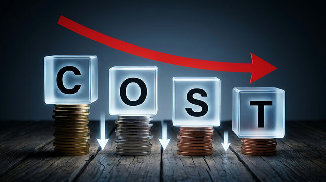 Cost reduction concept with stacks of coins and downward arrow