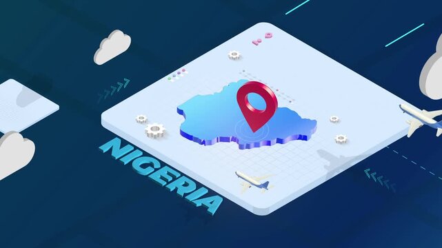 Isometric 3D Render of Nigeria Map with Red Location Pin Pointer and Floating Airplanes