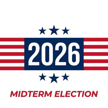 Graphic illustration of the 2026 midterm election with American flag elements and stars.