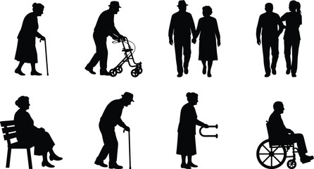 Fototapeta premium Silhouettes of elderly people with cane, walker, wheelchair, and caregiving support activities