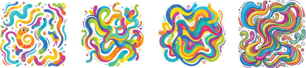 Naklejka premium Abstract wavy shapes in vibrant colors, worm-like figures, artistic design, playful illustration, vector set isolated on white