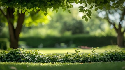Obraz premium Beautiful Scenic Sunny Park with Vibrant Green Foliage and Soft Focus Lawn during Summer Afternoons