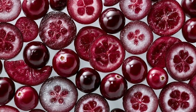 Fresh Ripe Cranberry Halves and Whole Berries Arranged as a Detailed Background Composition Pattern