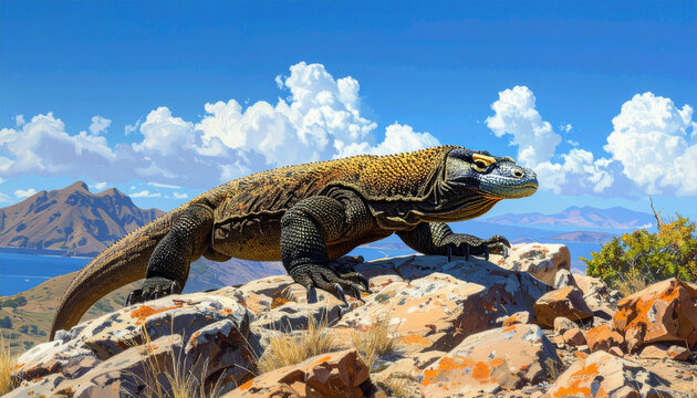 Majestic Komodo Dragon on Rocky Hilltop Overlooking Tropical Islands