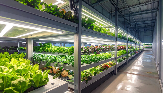 Modern Indoor Vertical Farm with Hydroponic Green Leafy Vegetables