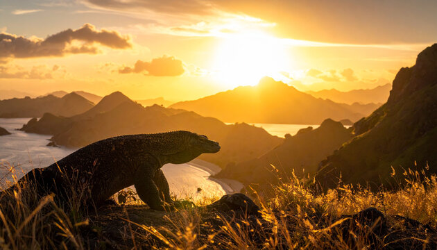 Komodo Dragon on Hill Overlooking Sunset Coastal Landscape