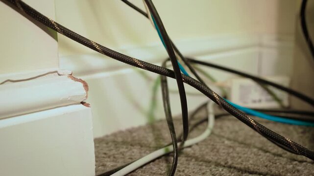 Loose computer cables scattered behind desk and across carpet floor. Ethernet cable, power cords, and charging wires creating cluttered home office workspace. Cable management problem, messy