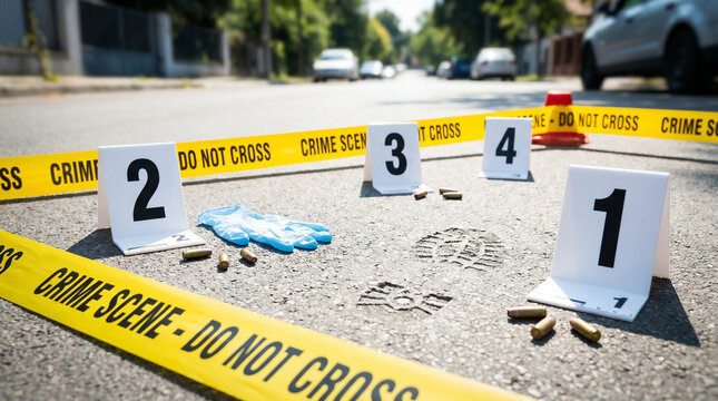 Crime scene markers numbered one to four on street with evidence  