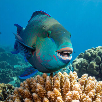 Colorful Parrotfish Swimming Near Coral Reef Underwater