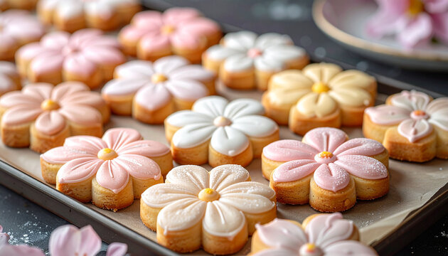 Flower Shaped Sugar Cookies with Pastel Pink and White Icing