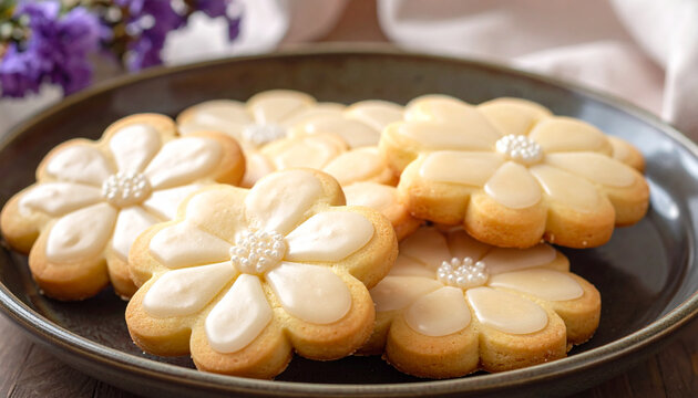 Flower Shaped Shortbread Cookies with White Glaze on Dark Plate