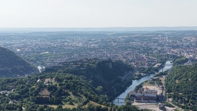 Aerial view of the historic Citadel of Besancon overlooking the Doubs river and the surrounding city landscape in Besancon, Bourgogne-Franche-Comte, France.