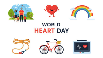 Naklejka premium World Heart Day Collage: A vibrant collection of illustrations celebrating World Heart Day, featuring a happy heart character, a family, a rainbow, a jump rope, a bicycle, and a heart monitor.