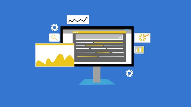 Flat-design animation of a desktop monitor displaying code and analytics widgets